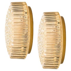 1 of the 2 Medium Round Clear Textured Glass Wall Lights, Limburg, 1970