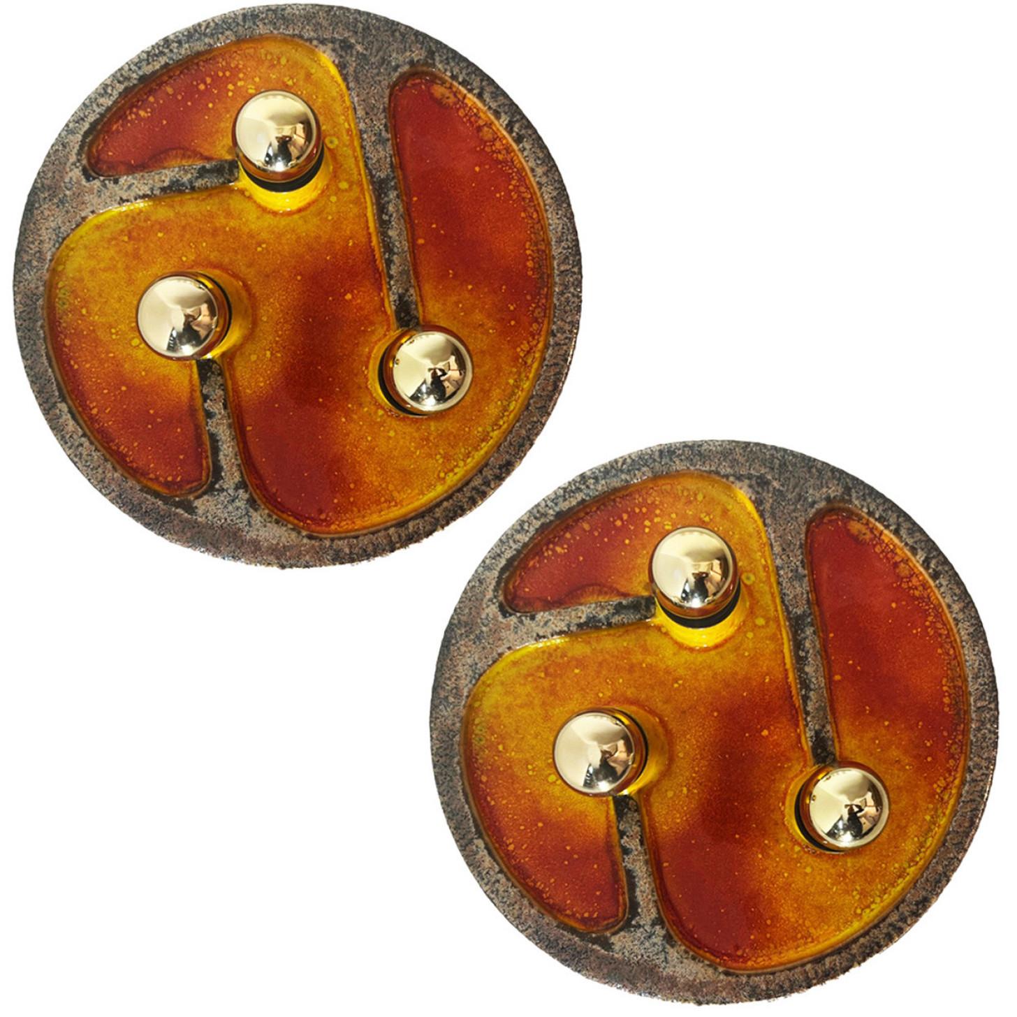 1 of the 2 Multi Brown Taupe Orange Red Yellow Ceramic Wall Lights, 1970s For Sale 6