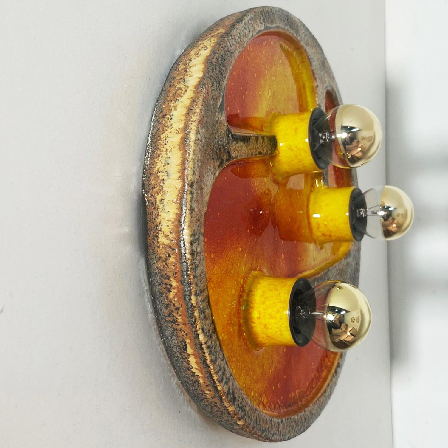 Glazed 1 of the 2 Multi Brown Taupe Orange Red Yellow Ceramic Wall Lights, 1970s For Sale