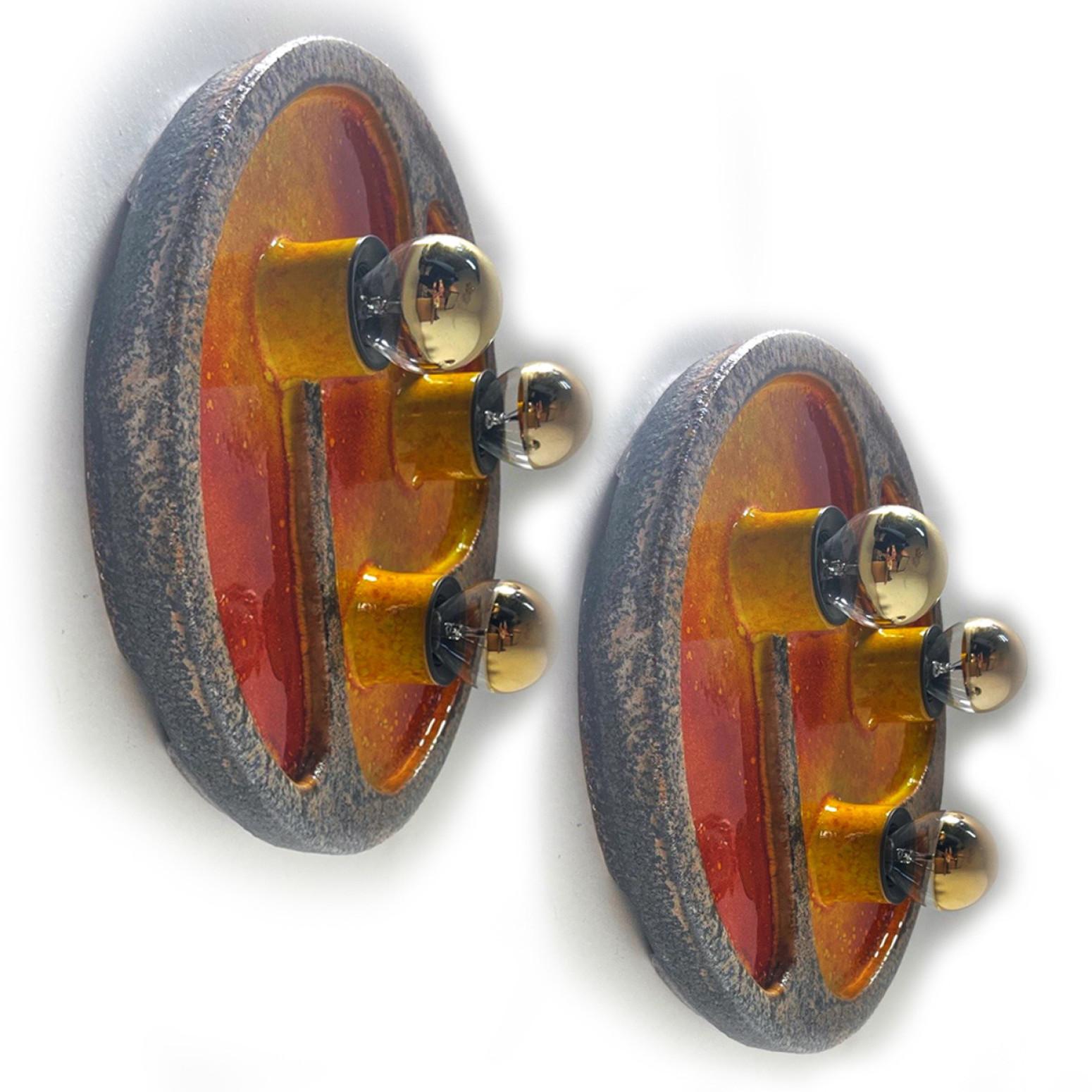20th Century 1 of the 2 Multi Brown Taupe Orange Red Yellow Ceramic Wall Lights, 1970s For Sale