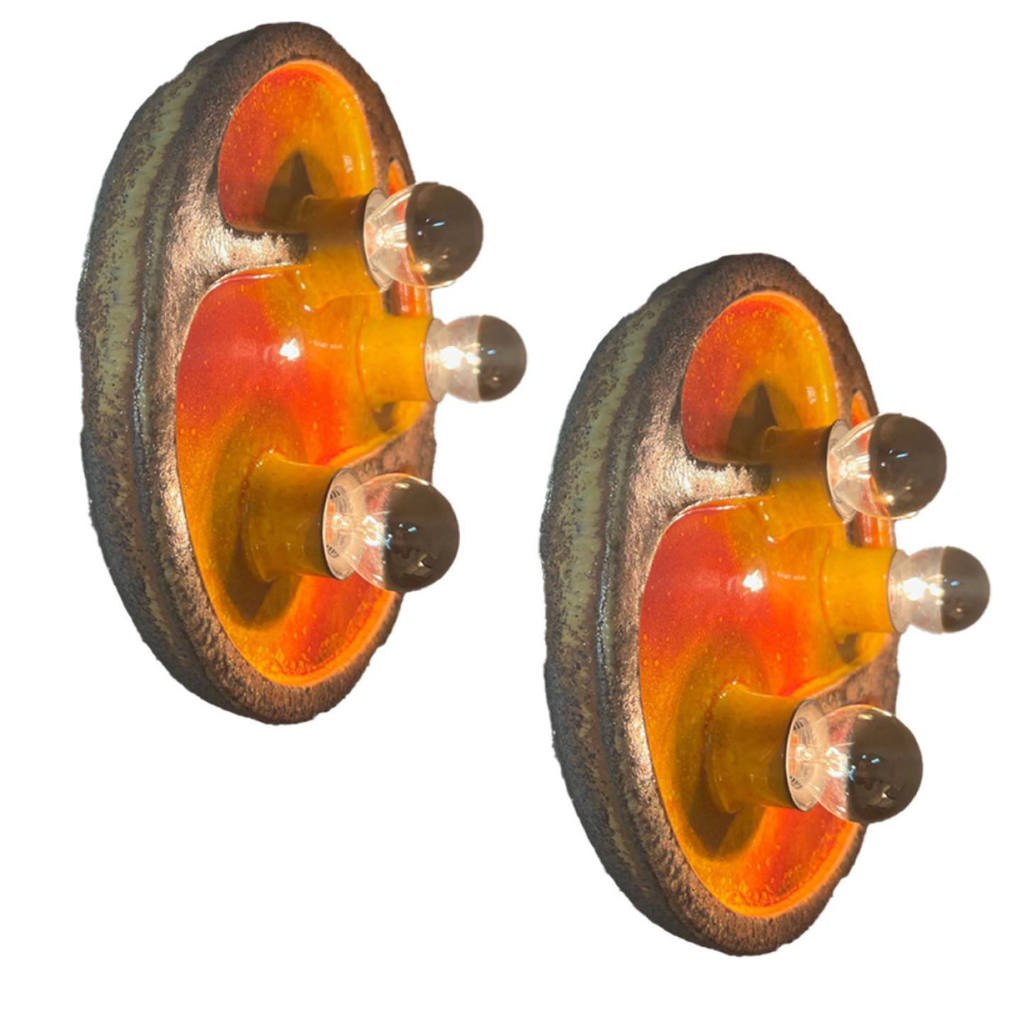 1 of the 2 Multi Brown Taupe Orange Red Yellow Ceramic Wall Lights, 1970s For Sale 1