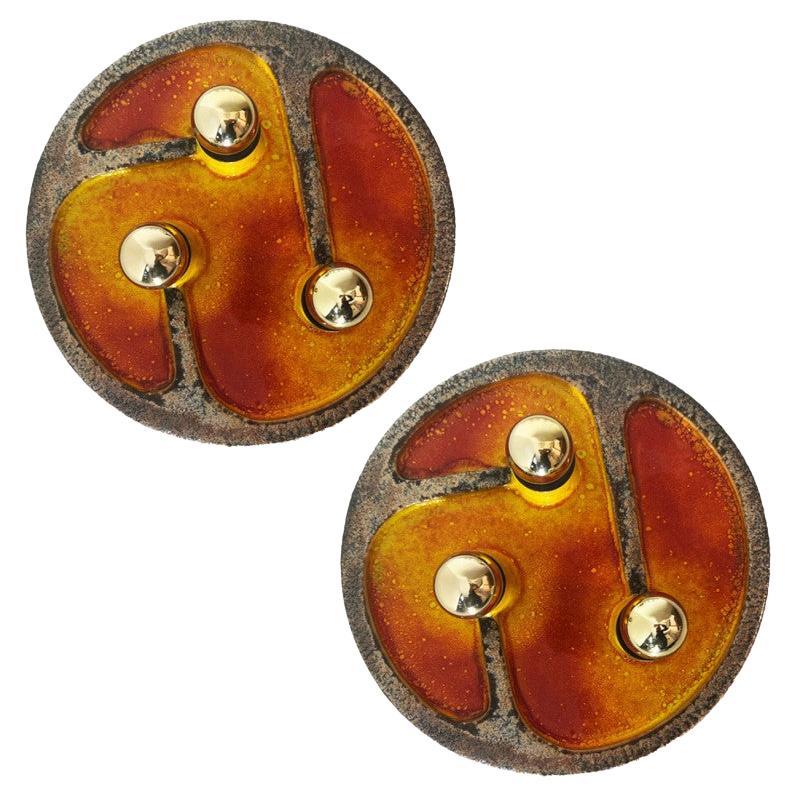 1 of the 2 Multi Brown Taupe Orange Red Yellow Ceramic Wall Lights, 1970s For Sale