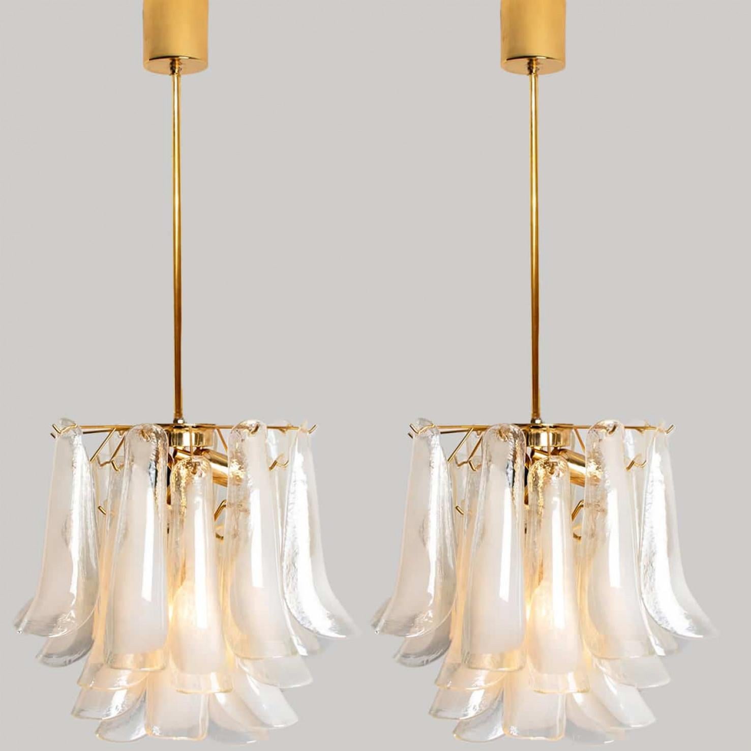 Beautiful white and clear glass chandelier, made of Murano glass crystals, Italy, 1950s. The chandelier has a brass frame with leaf shaped crystals attached to it, fanning out into a beautiful flower. The glass leaves are made with clear and white