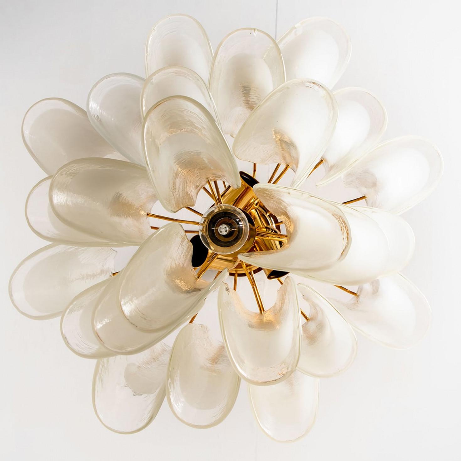 1 of the 2 Murano White Clear Glass and Brass Chandeliers, Italy, 1970s For Sale 2