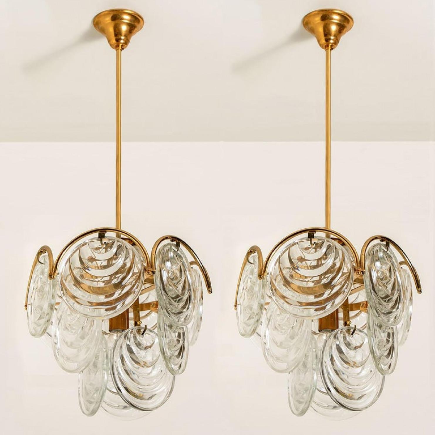 Mid-Century Modern 1 of the 2 of Glass and Brass Two Tiers Light Fixtures, 1970s For Sale