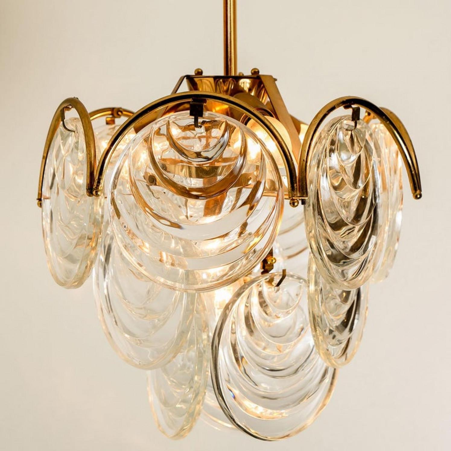 Mid-20th Century 1 of the 2 of Glass and Brass Two Tiers Light Fixtures, 1970s For Sale
