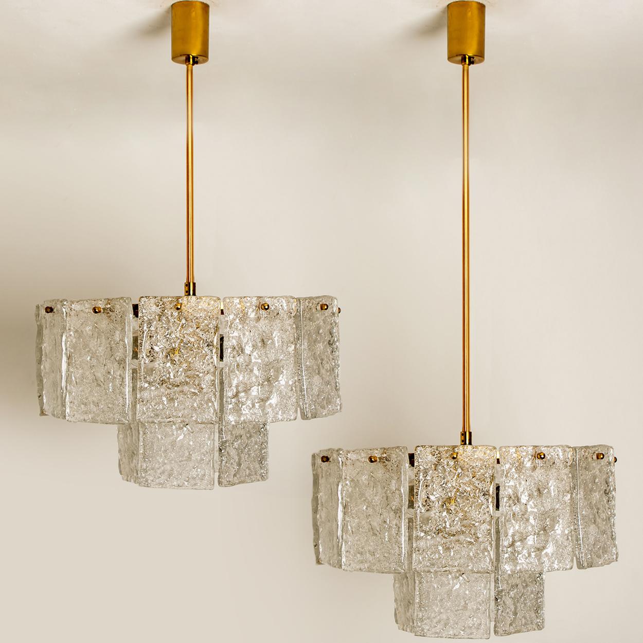 Mid-20th Century 1 of the 2 of Glass and Brass Two Tiers Light Fixtures from Hillebrand, 1960s For Sale