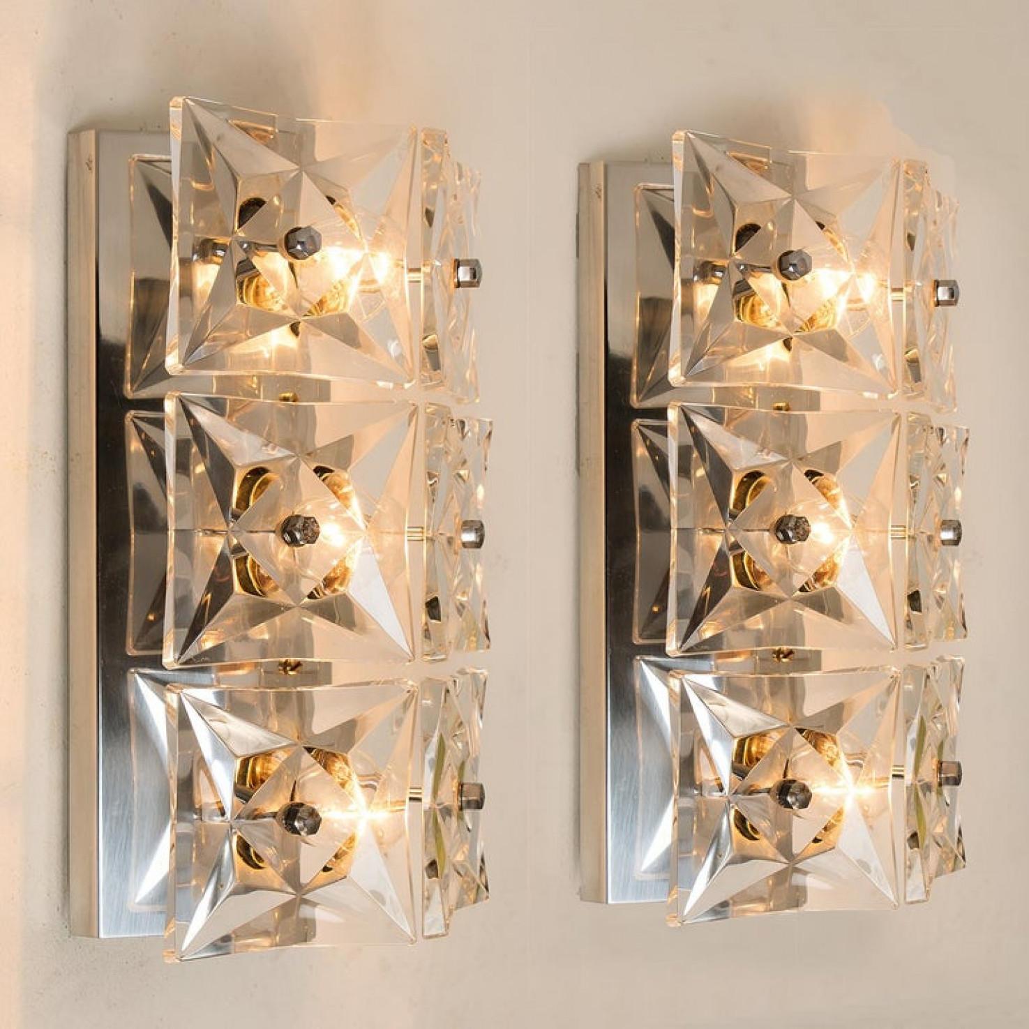 Late 20th Century 1 of the 2 pairs Kinkeldey Wall Light Fixtures, chrome Crystal Glass, 1970 For Sale