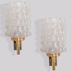 1 of the 2 Pairs of Brass & Glass Wall Lights Hillebrand Germany, 1970s