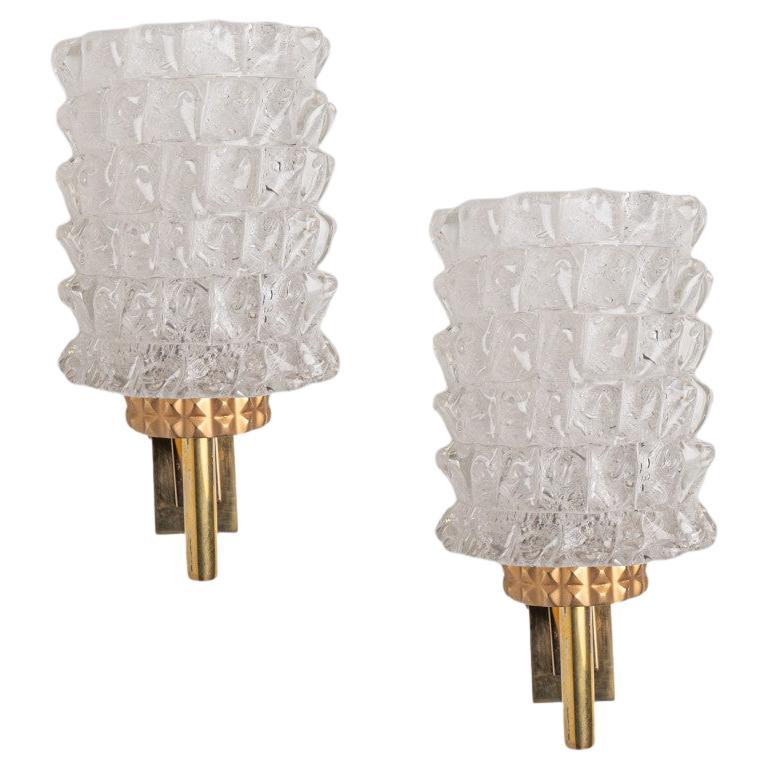 1 of the 2 Pairs of Brass & Glass Wall Lights Hillebrand Germany, 1970s