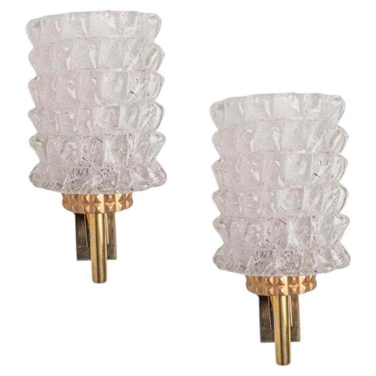 1 of the 2 Pairs of Brass & Glass Wall Lights Hillebrand Germany, 1970s For Sale