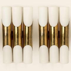 1 of the 2 Pairs of Wall Sconces of 3 Opaline Glass and Brass tubes, 1970