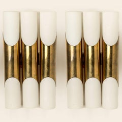 1 of the 2 Pairs of Wall Sconces of 3 Opaline Glass and Brass tubes, 1970
