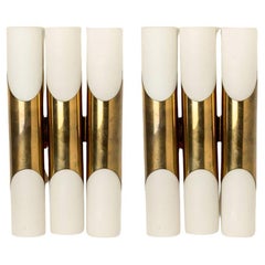1 of the 2 Pairs of Wall Sconces of 3 Opaline Glass and Brass tubes, 1970