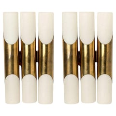 1 of the 2 Pairs of Wall Sconces of 3 Opaline Glass and Brass tubes, 1970