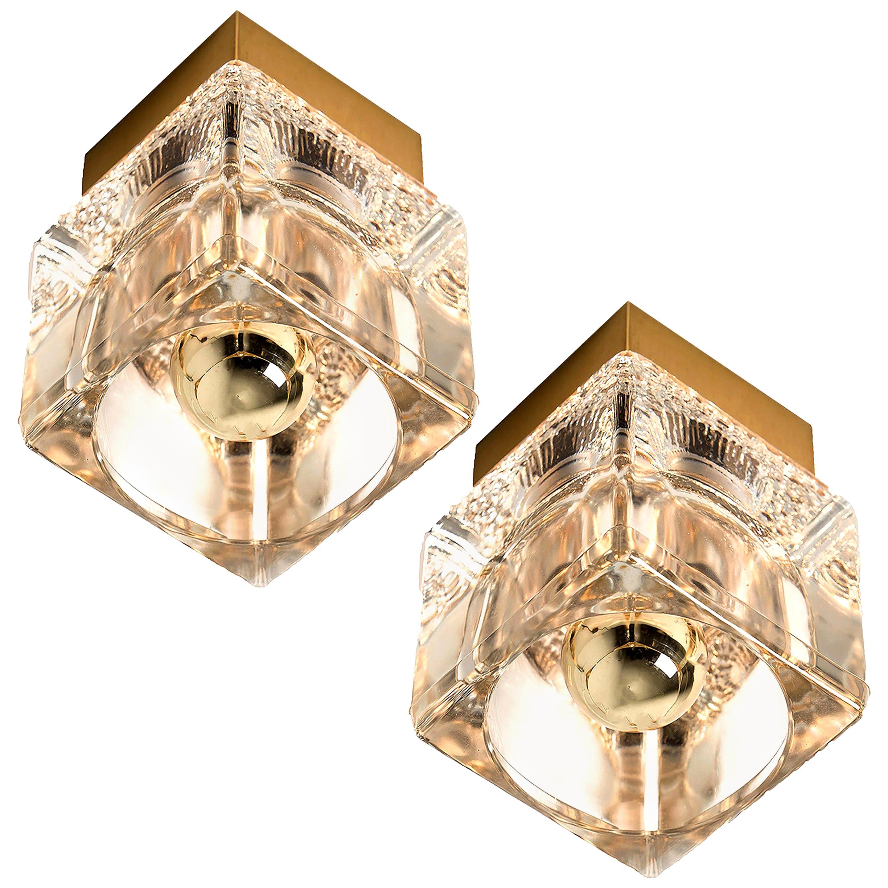 Several Peill & Putzler Wall or Ceiling Lights Brass and Glass Cubes, 1970s In Good Condition In Rijssen, NL