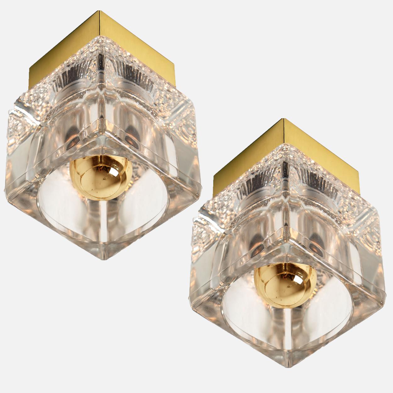 Several Peill & Putzler Wall or Ceiling Lights Brass and Glass Cubes, 1970s For Sale 8