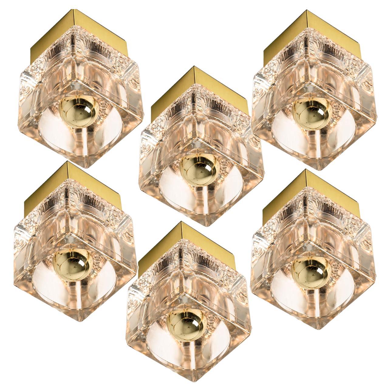 Several Peill & Putzler Wall or Ceiling Lights Brass and Glass Cubes, 1970s