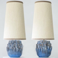 1 of the 2 Round Blue Coral Ceramic Lamp, Custom White Lampshade by R. Houben