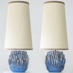 1 of the 2 Round Blue Coral Ceramic Lamp, Custom White Lampshade by R. Houben