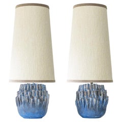 1 of the 2 Round Blue Coral Ceramic Lamp, Custom White Lampshade by R. Houben