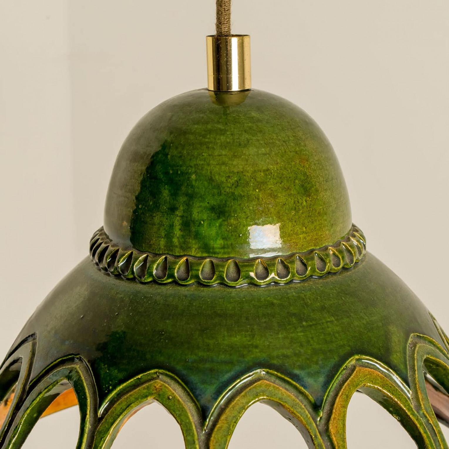 1 of the 2 Round Green Glazed Ceramic Pendant Lights, Germany, 1970s For Sale 4
