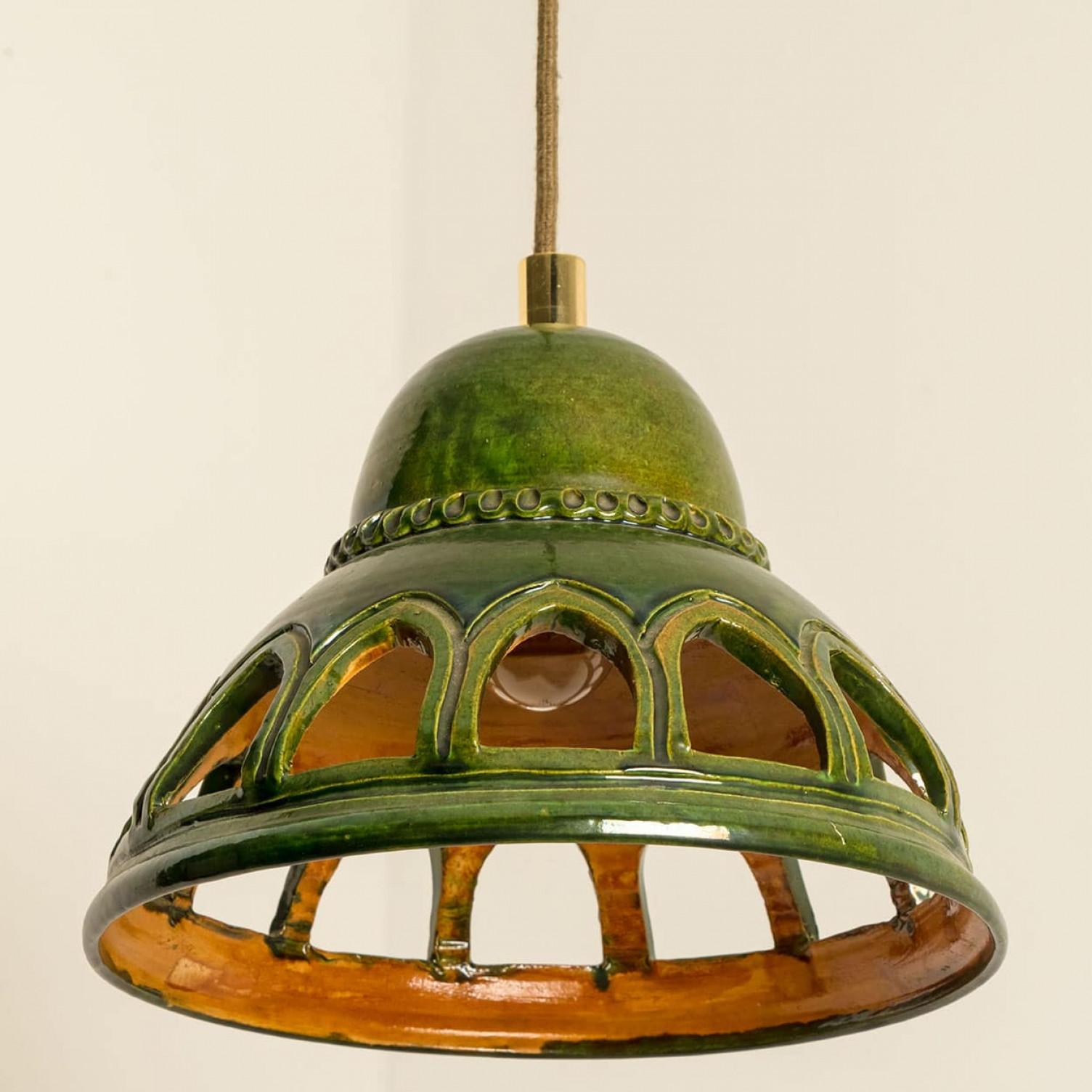 1 of the 2 Round Green Glazed Ceramic Pendant Lights, Germany, 1970s For Sale 5