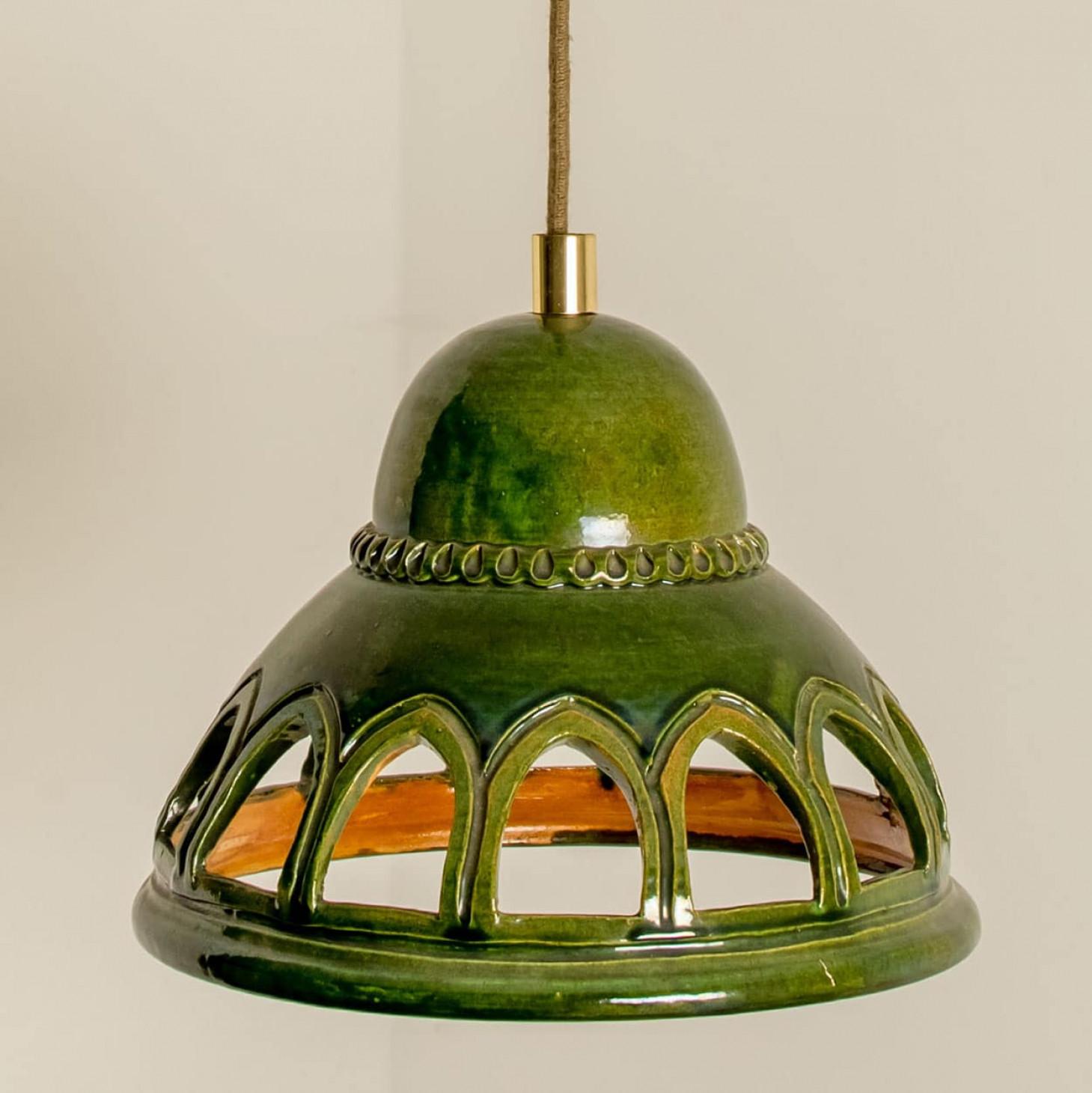 1 of the 2 Round Green Glazed Ceramic Pendant Lights, Germany, 1970s For Sale 7