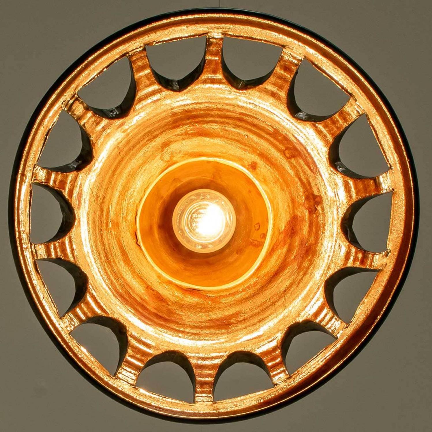 1 of the 2 Round Green Glazed Ceramic Pendant Lights, Germany, 1970s For Sale 8
