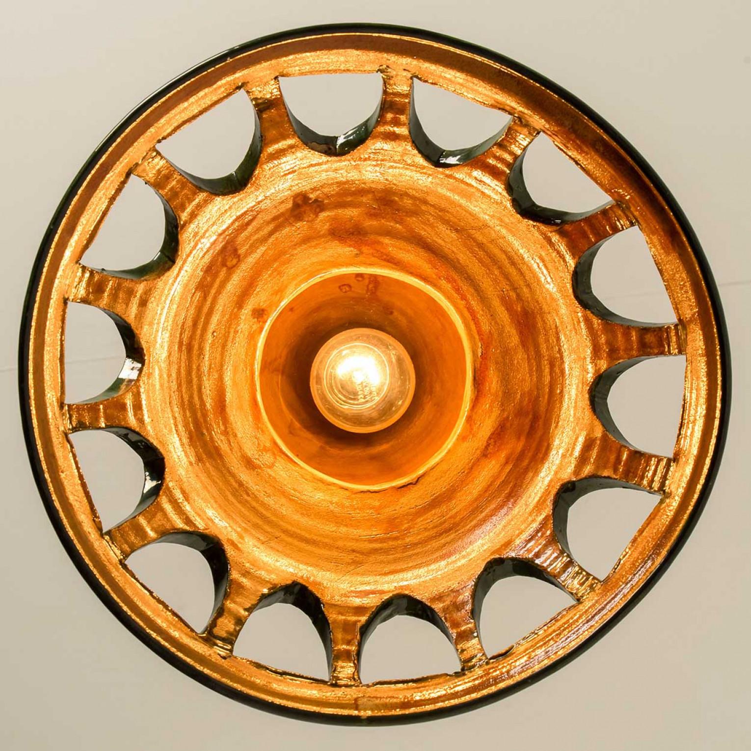 1 of the 2 Round Green Glazed Ceramic Pendant Lights, Germany, 1970s For Sale 10