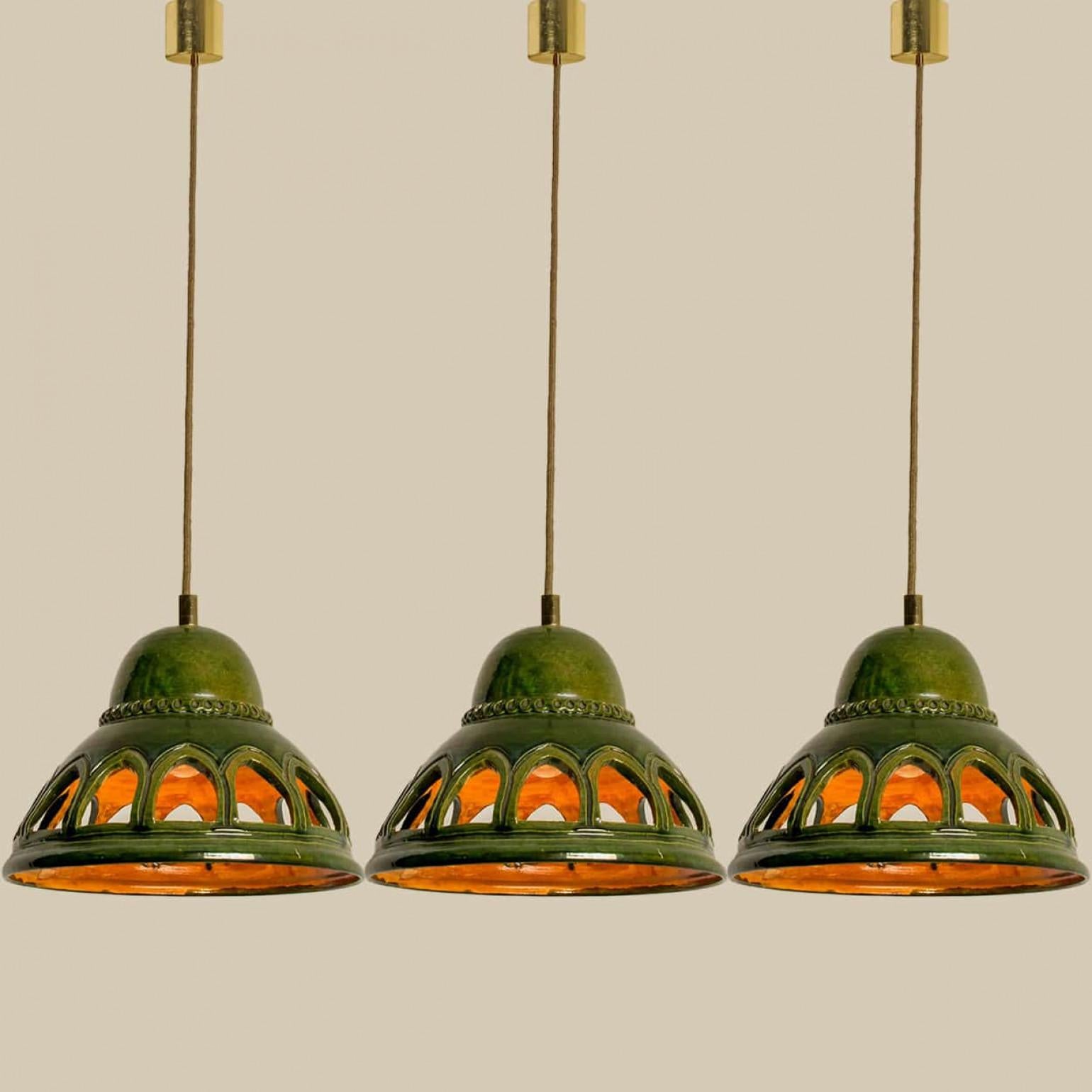 1 of the 2 Round Green Glazed Ceramic Pendant Lights, Germany, 1970s For Sale 11