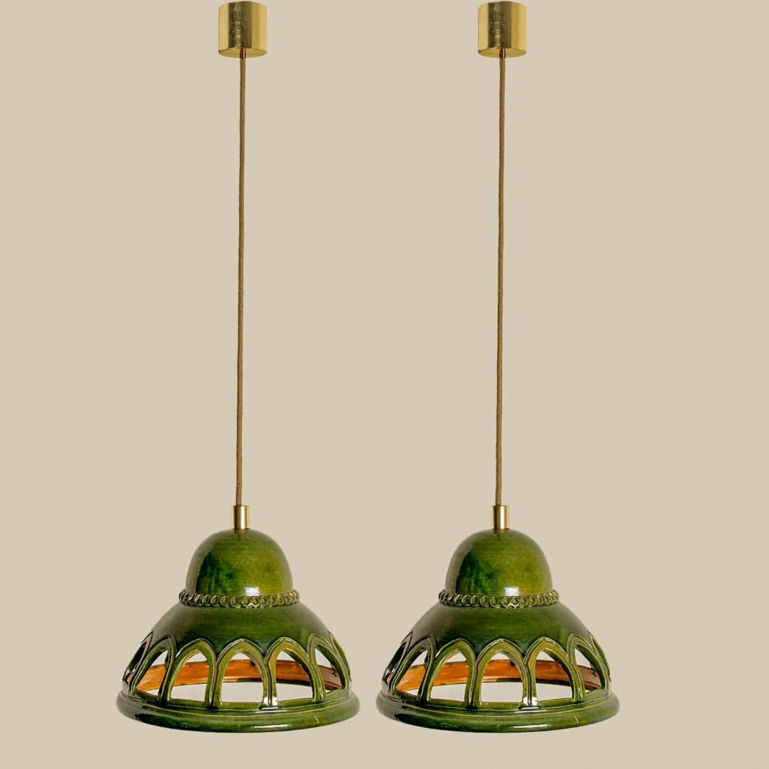 1 of the 2 Round Green Glazed Ceramic Pendant Lights, Germany, 1970s For Sale 12