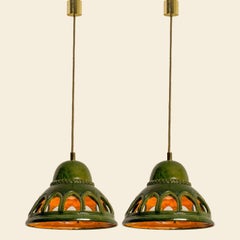 1 of the 2 Round Green Glazed Ceramic Pendant Lights, Germany, 1970s