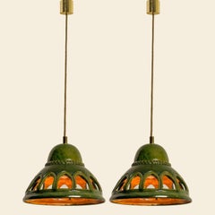 1 of the 2 Round Green Glazed Ceramic Pendant Lights, Germany, 1970s