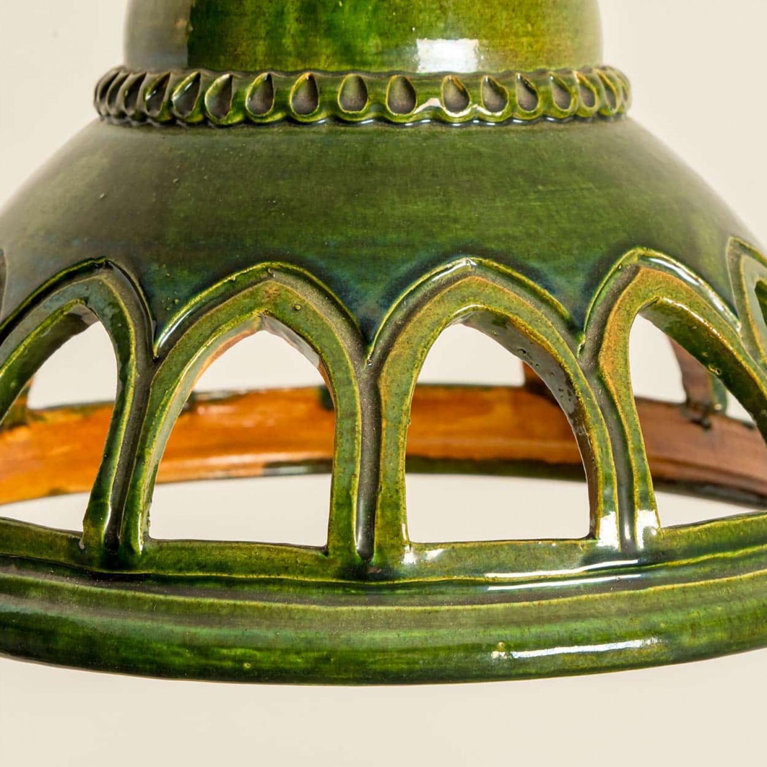 Mid-Century Modern 1 of the 2 Round Green Glazed Ceramic Pendant Lights, Germany, 1970s For Sale