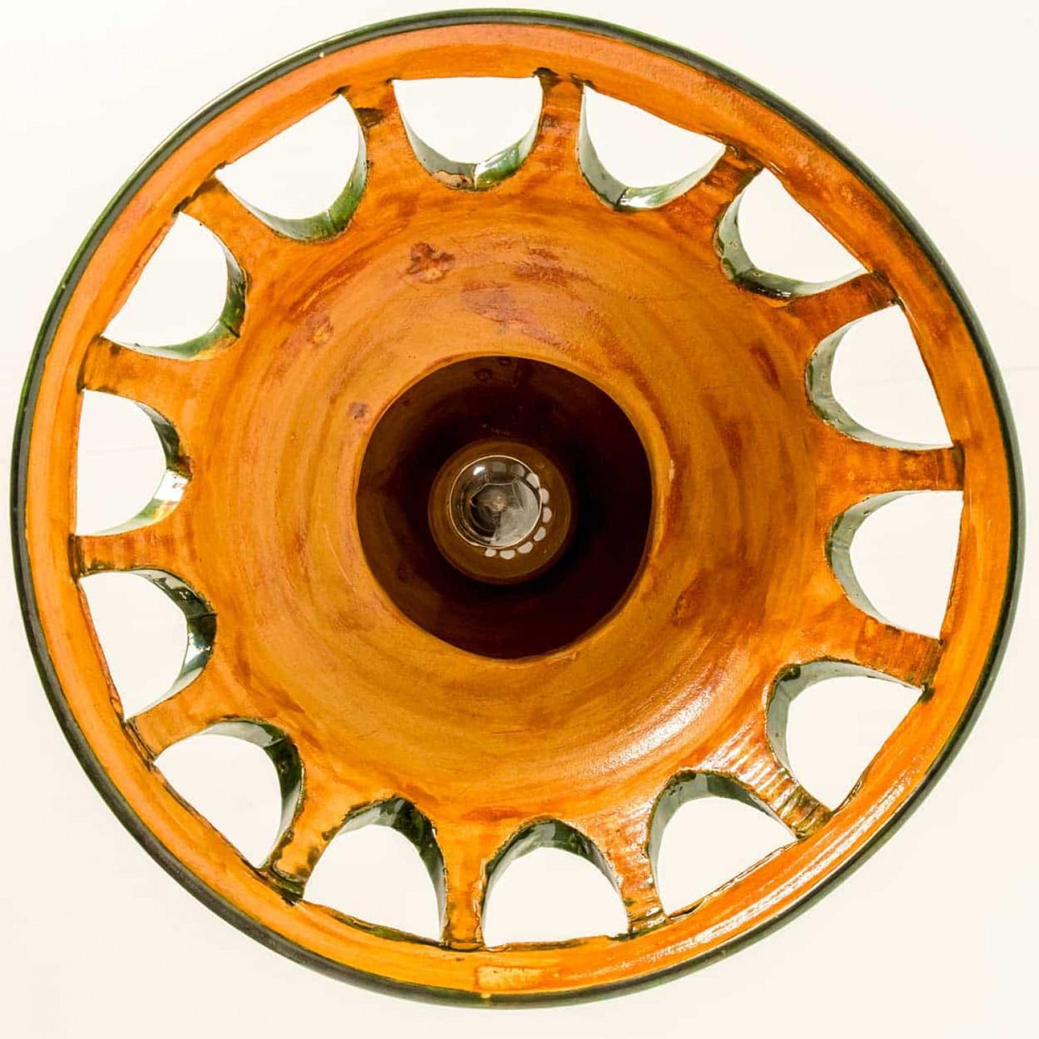 1 of the 2 Round Green Glazed Ceramic Pendant Lights, Germany, 1970s In Good Condition For Sale In Rijssen, NL