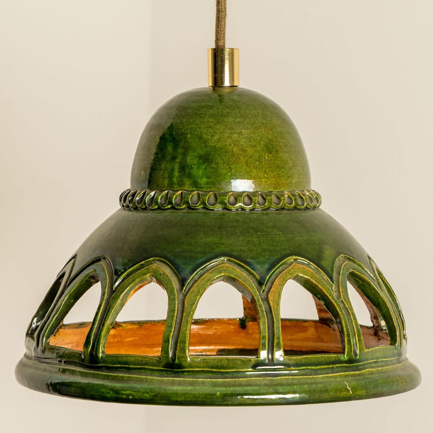 Late 20th Century 1 of the 2 Round Green Glazed Ceramic Pendant Lights, Germany, 1970s For Sale