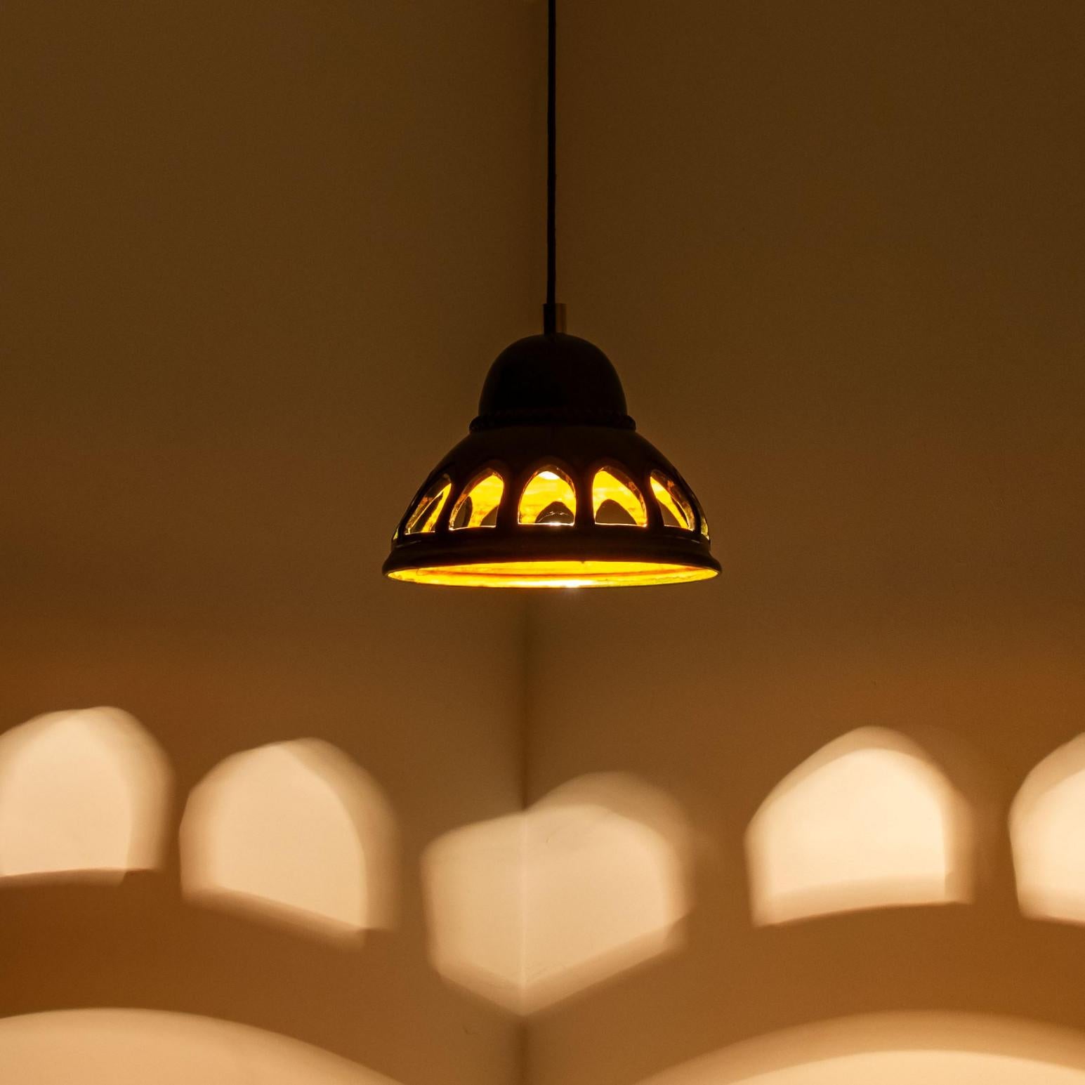 Brass 1 of the 2 Round Green Glazed Ceramic Pendant Lights, Germany, 1970s For Sale