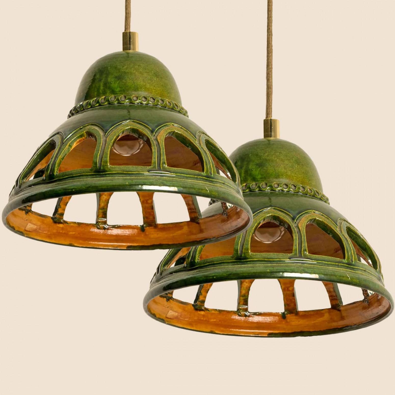 1 of the 2 Round Green Glazed Ceramic Pendant Lights, Germany, 1970s For Sale 1
