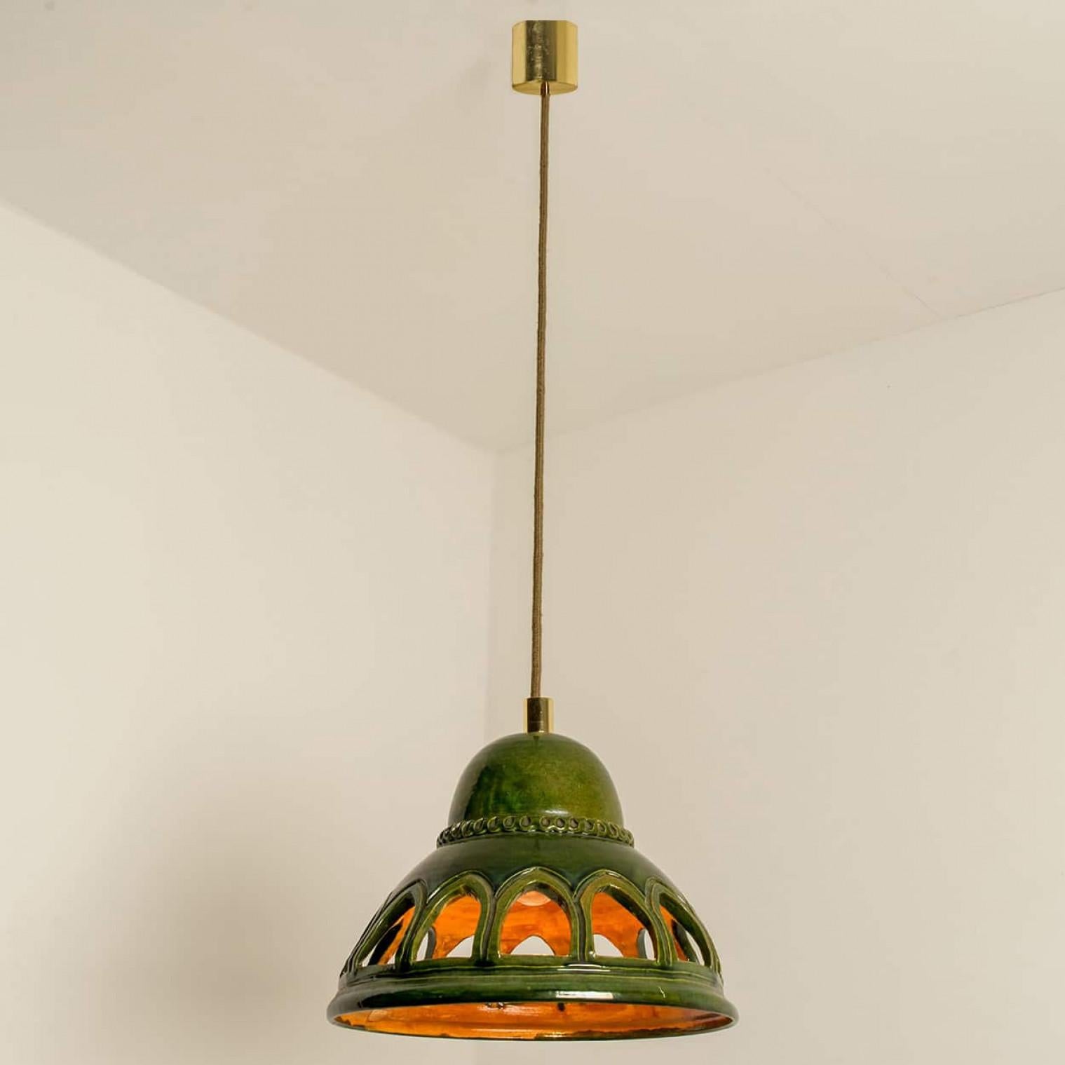 1 of the 2 Round Green Glazed Ceramic Pendant Lights, Germany, 1970s For Sale 2