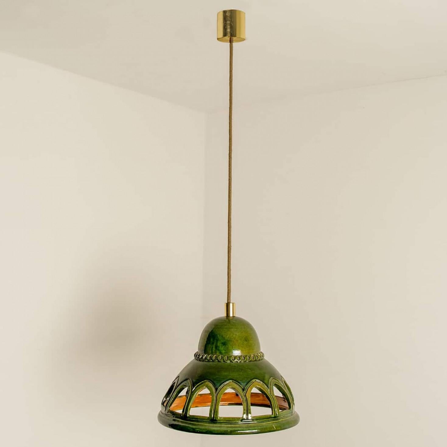 1 of the 2 Round Green Glazed Ceramic Pendant Lights, Germany, 1970s For Sale 3