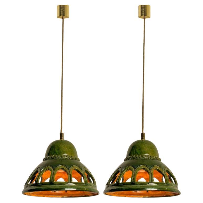 1 of the 2 Round Green Glazed Ceramic Pendant Lights, Germany, 1970s For Sale