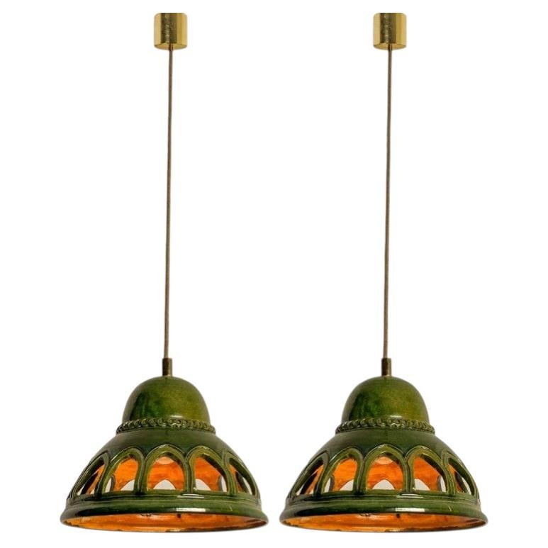 1 of the 2 Round Green Glazed Ceramic Pendant Lights, Germany, 1970s
