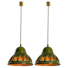 1 of the 2 Round Green Glazed Ceramic Pendant Lights, Germany, 1970s