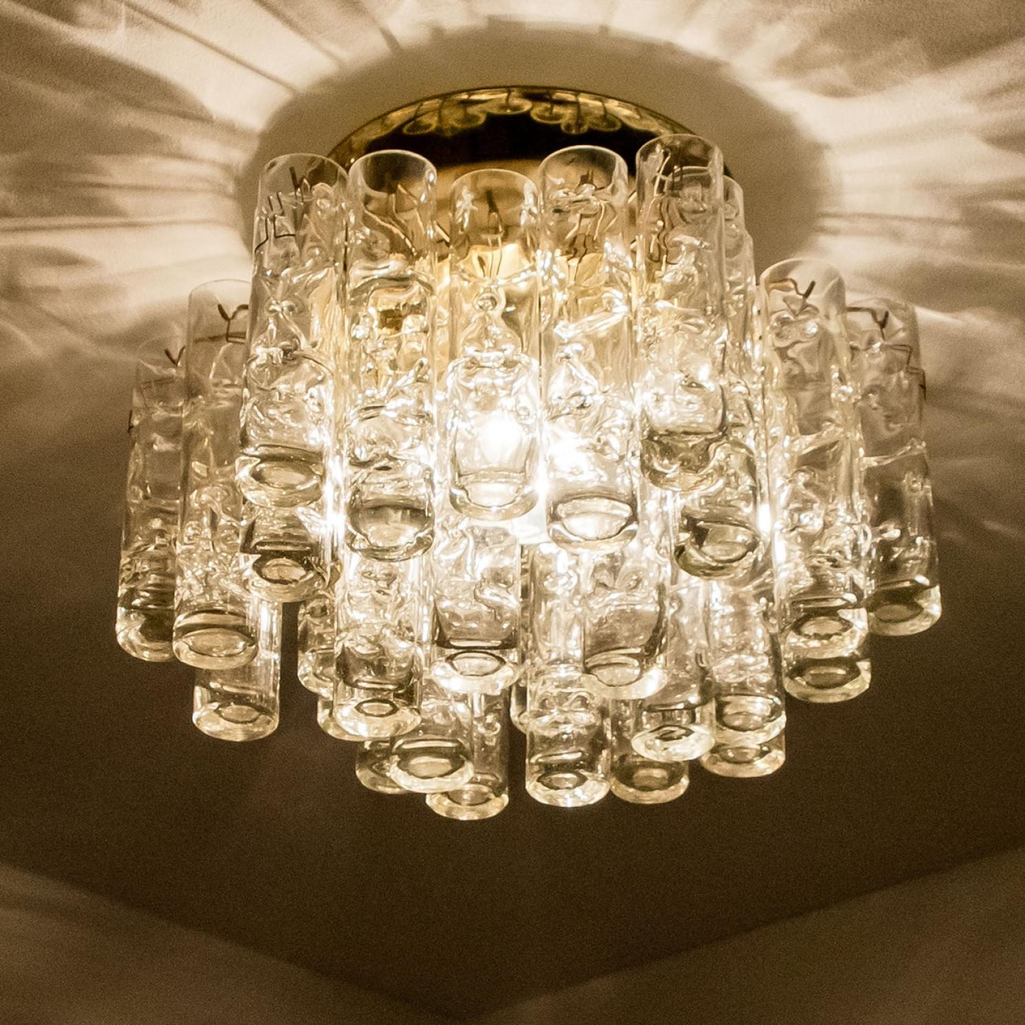 German 1 of the 2 Round Textured Clear Glass Gold Flush Mount, 1960s, Doria Leuchten For Sale