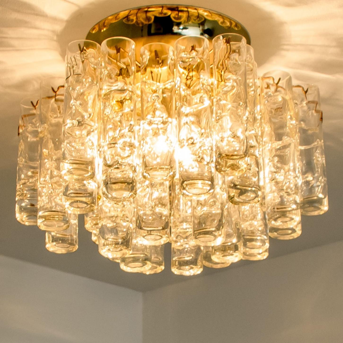 Brass 1 of the 2 Round Textured Clear Glass Gold Flush Mount, 1960s, Doria Leuchten For Sale