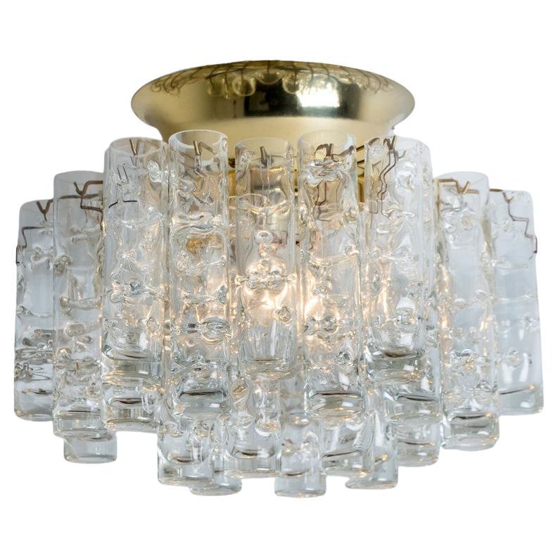 1 of the 2 Round Textured Clear Glass Gold Flush Mount, 1960s, Doria Leuchten For Sale