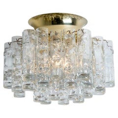 1 of the 2 Round Textured Clear Glass Gold Flush Mount, 1960s, Doria Leuchten