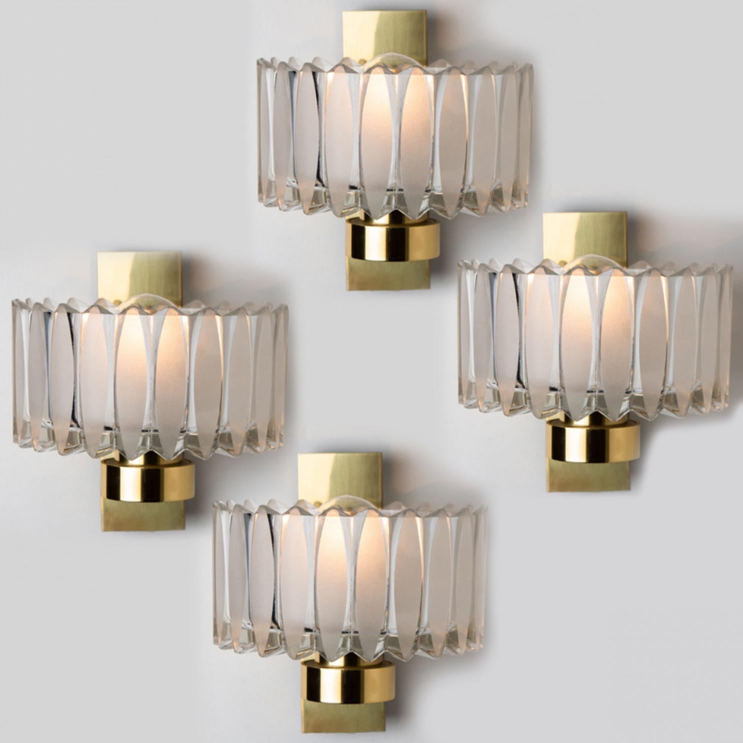 Mid-Century Modern 1 of the 2 Sets Hillebrand Brass and Glass Wall Light Fixtures, 1970s For Sale