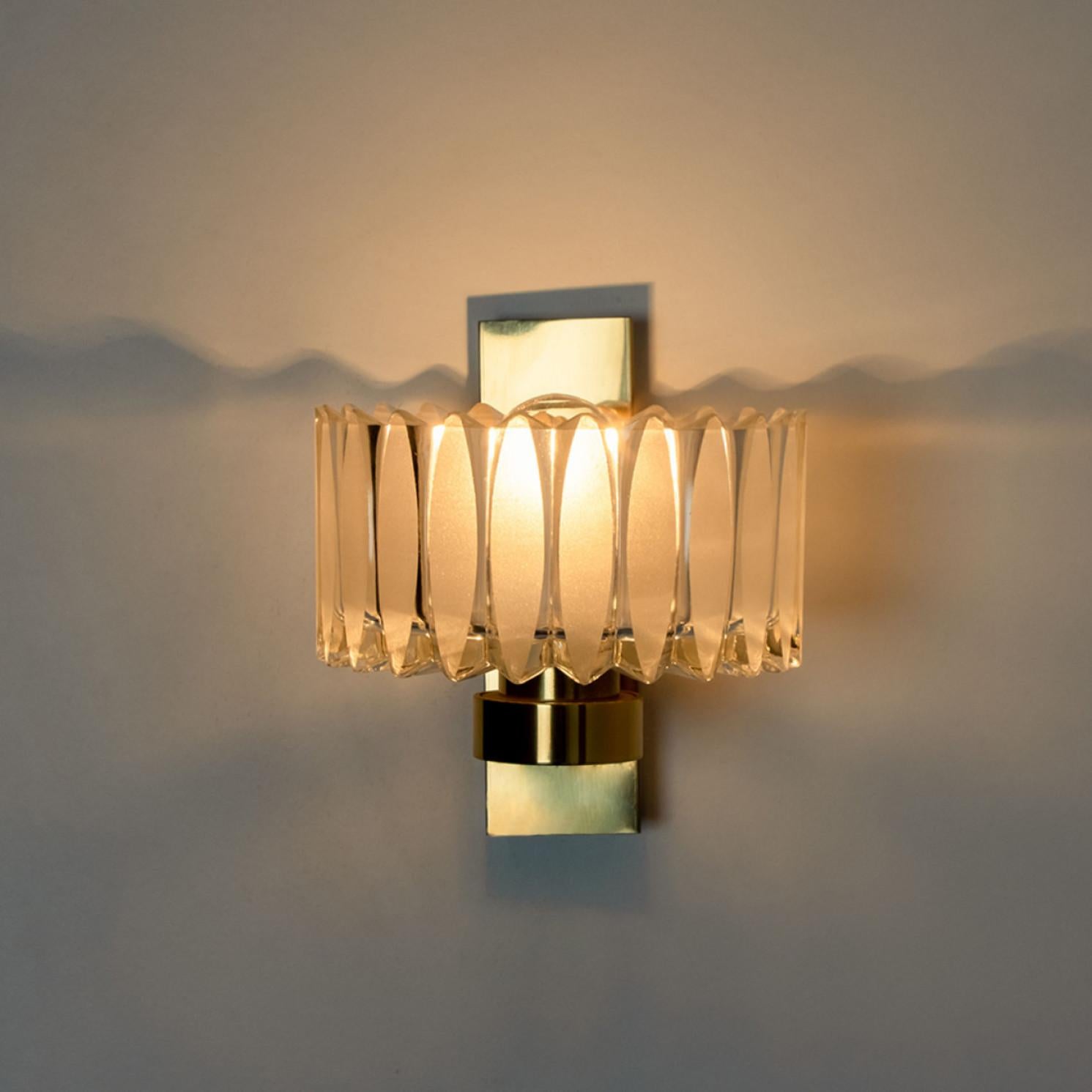 German 1 of the 2 Sets Hillebrand Brass and Glass Wall Light Fixtures, 1970s For Sale